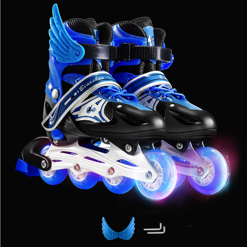 Blue one-shine shoes and wrench wings